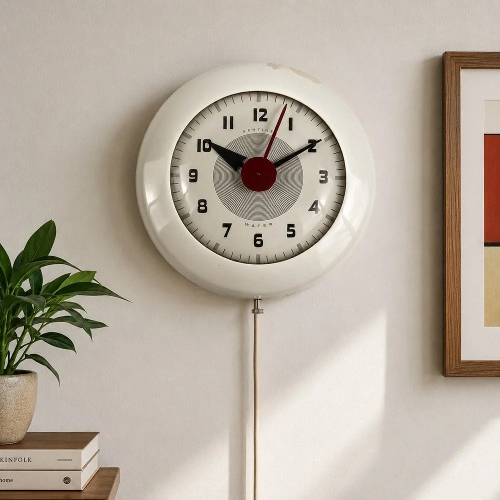 Vintage Sentinel Wafer‎ Electric Wall Clock White Mid Century Modern Working